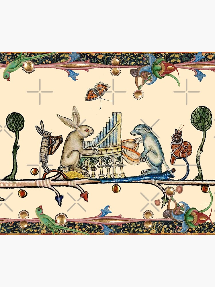WEIRD MEDIEVAL BESTIARY MAKING MUSIC,White Rabbit And Dog Playing Organ, Harpist Hare, Snail Cat by BulganLumini