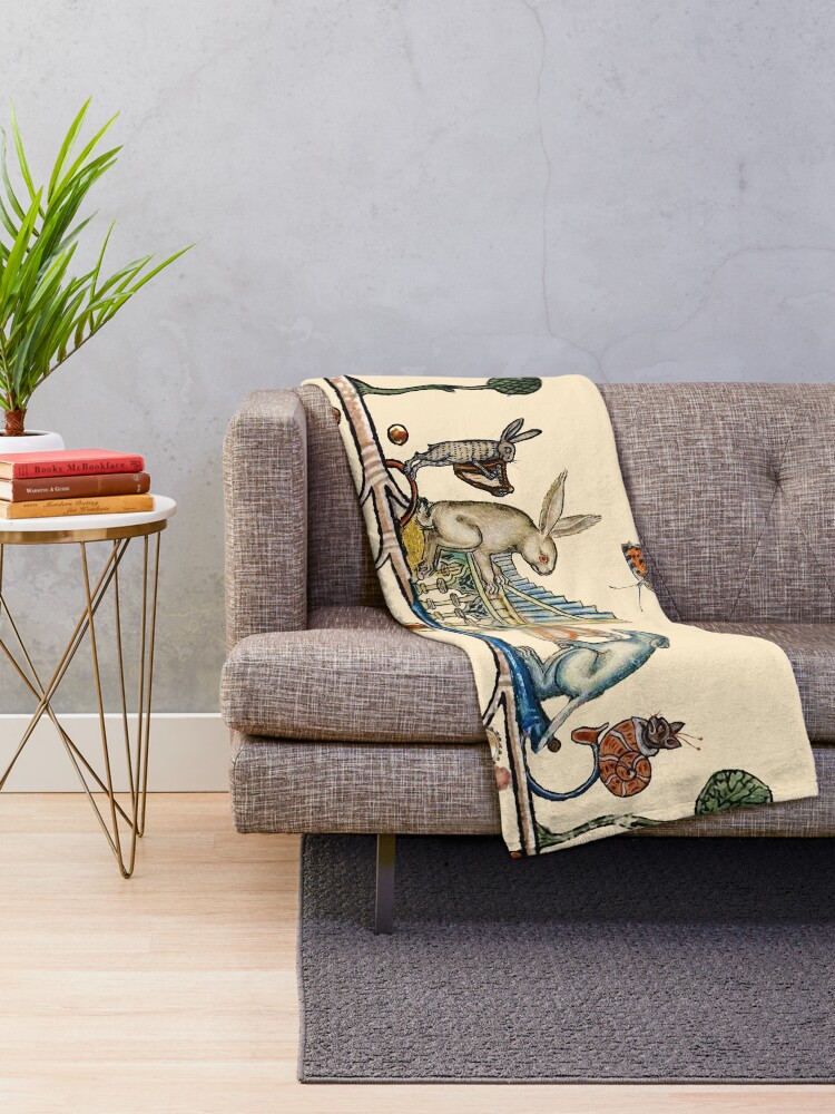 Alternate view of WEIRD MEDIEVAL BESTIARY MAKING MUSIC,White Rabbit And Dog Playing Organ, Harpist Hare, Snail Cat Throw Blanket