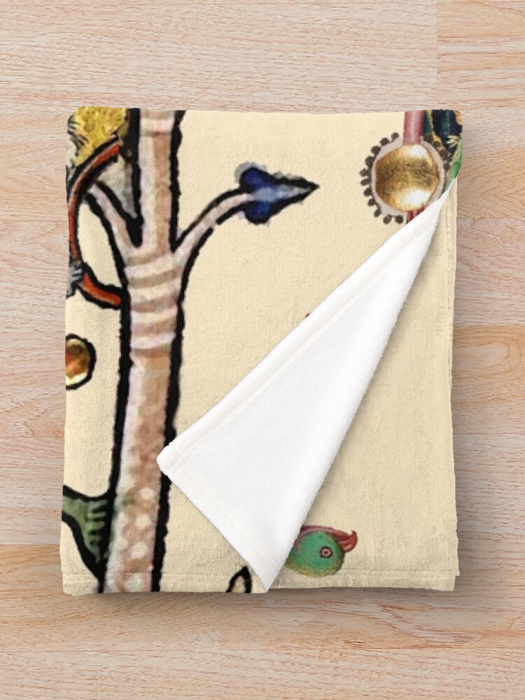 Alternate view of WEIRD MEDIEVAL BESTIARY MAKING MUSIC,White Rabbit And Dog Playing Organ, Harpist Hare, Snail Cat Throw Blanket