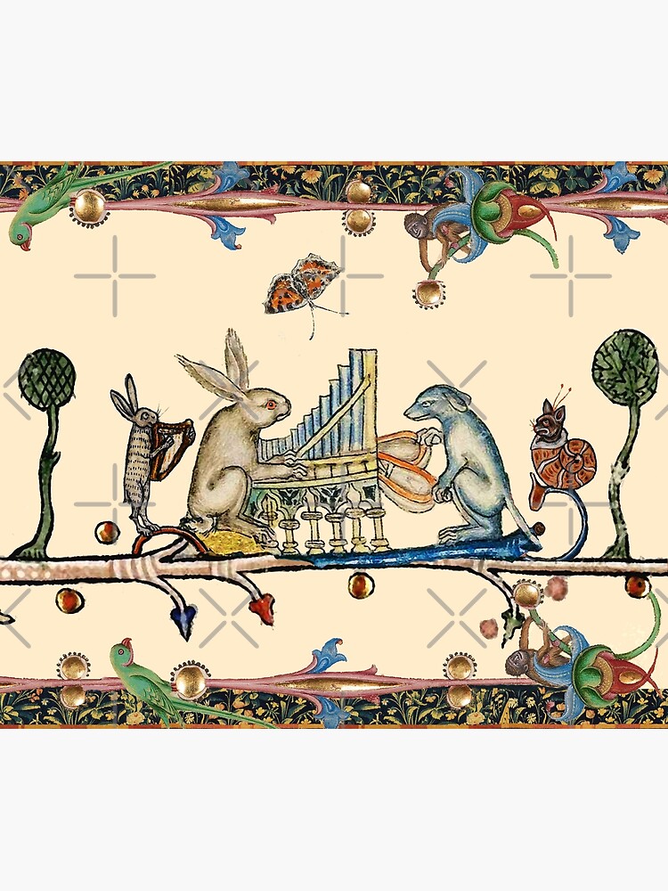 Thumbnail 2 of 2, Greeting Card, WEIRD MEDIEVAL BESTIARY MAKING MUSIC,White Rabbit And Dog Playing Organ,Harpist Hare,Snail Cat designed and sold by BulganLumini.
