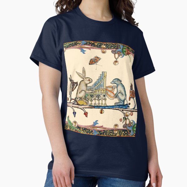 Vista previa del artículo con la obra «BESTIARIO MEDIEVAL EXTRAÑO QUE HACE MÚSICA, conejo blanco y perro tocando el órgano, liebre arpista, gato caracol», diseñado y vendido por BulganLumini.