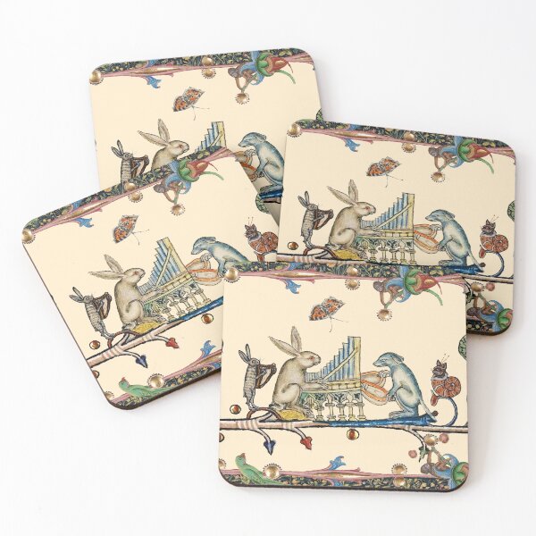 WEIRD MEDIEVAL BESTIARY MAKING MUSIC,White Rabbit And Dog Playing Organ, Harpist Hare, Snail Cat Coasters (Set of 4)