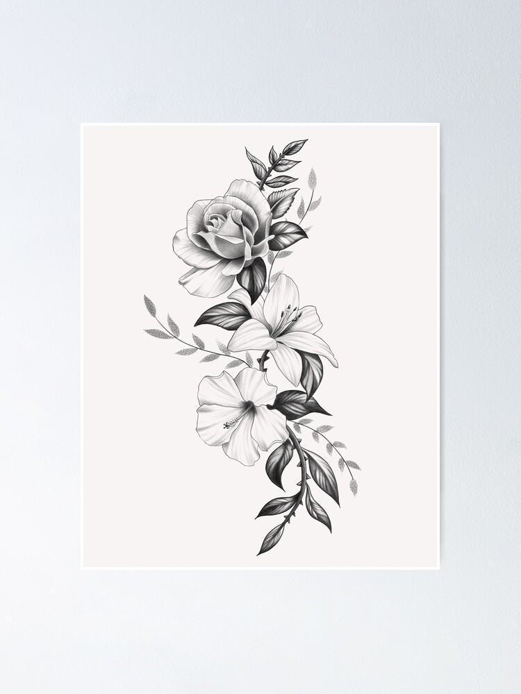 Poster for Sale avec l'œuvre « Conception de tatouage floral Lily Rose et  Hibiscus » de l'artiste Tyler Rosso