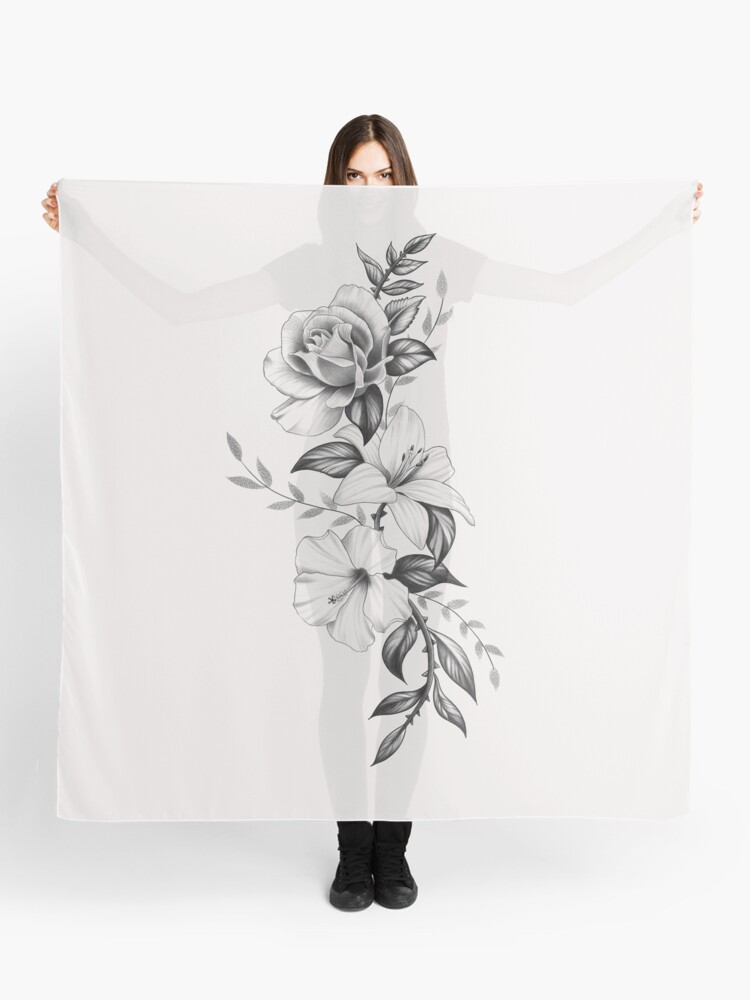 Lily Rose and Hibiscus Floral Tattoo Design