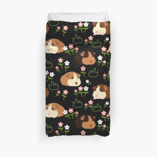 Guinea Pig and Flowers - Black Duvet Cover