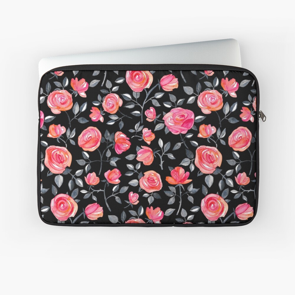 Roses on Black - a watercolor floral pattern Laptop Sleeve