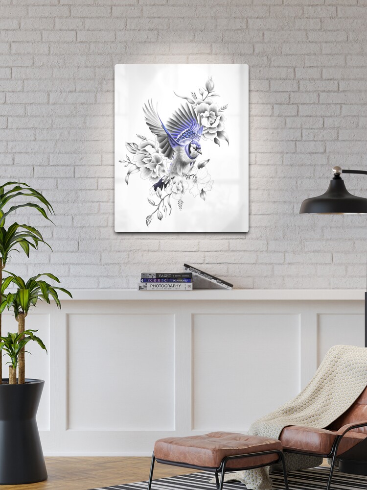 Blue Jay Flying Away with Flowers Design | Poster