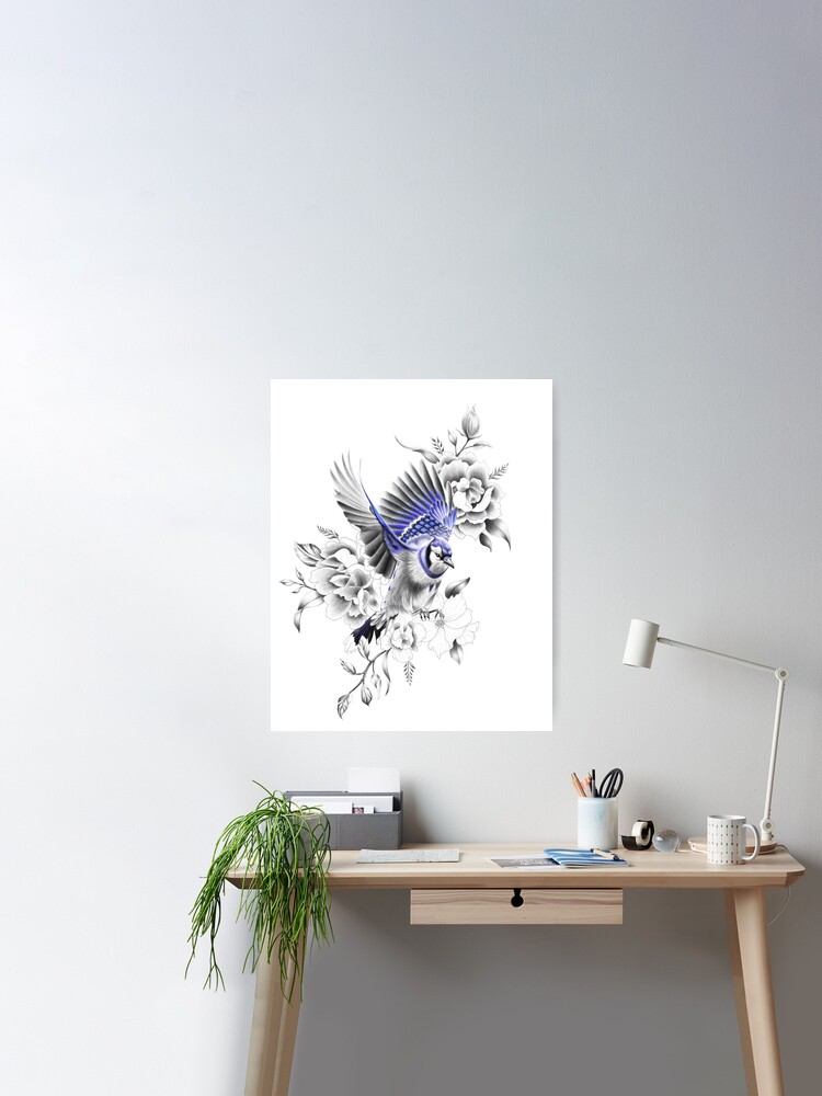 Blue Jay Flying Away with Flowers Design Poster for Sale by Tyler Rosso