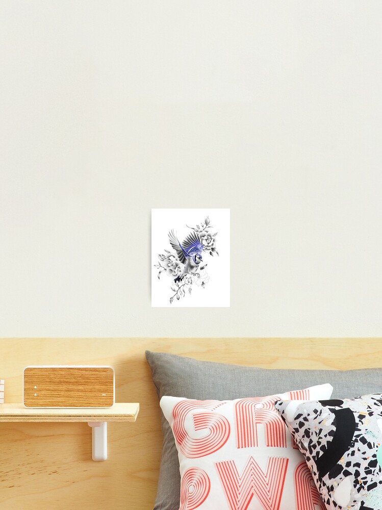 Blue Jay Flying Away with Flowers Design | Poster