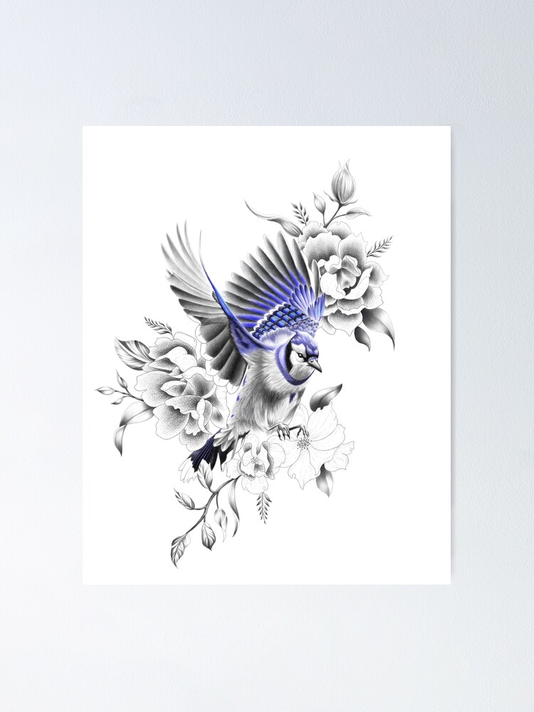 Blue Jay Flying Away with Flowers Design | Poster