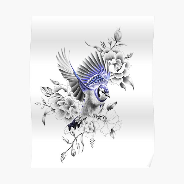 Blue Jay Flying Away With Flowers Design Poster By Tred85 Redbubble