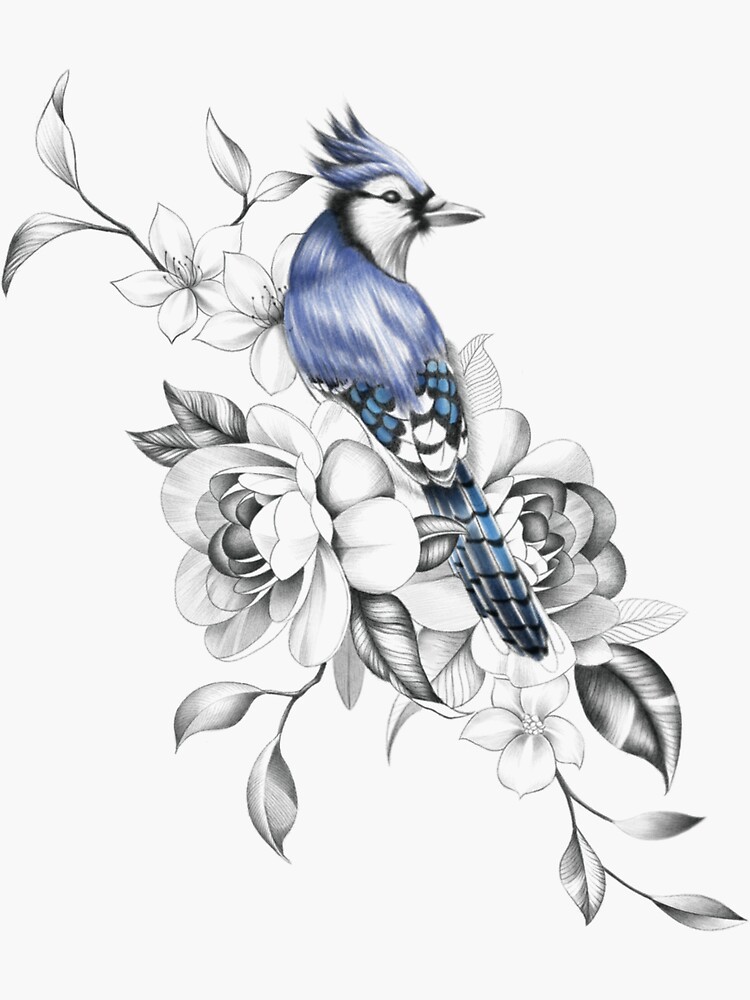 Beautiful Blue Jay Sitting on a Tree Branch with Flowers Sticker for Sale  by Tyler Rosso