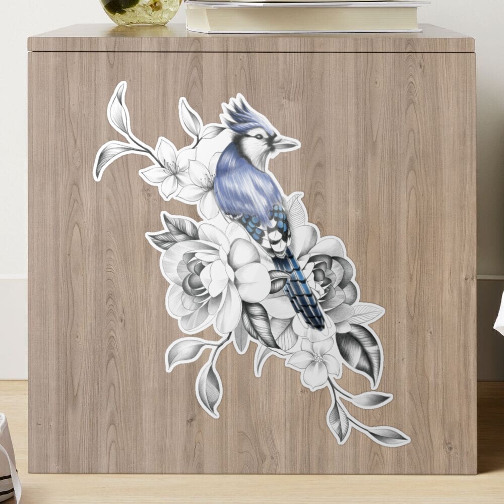 Blue Jay and Cherry Blossom, Blue Pink Birds and Flowers Wood Wall