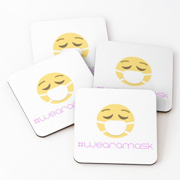 Emoji wearing a facemask with hashtag #wearamask Coasters (Set of 4)
