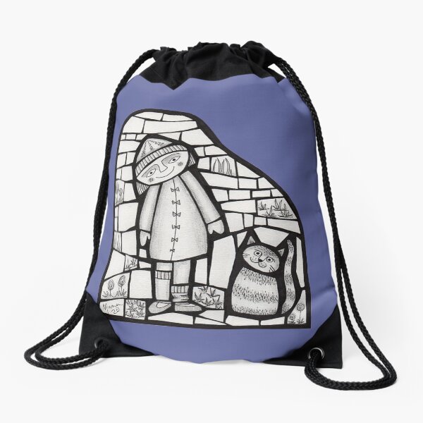 Girl and her cat mosaic illustration Drawstring Bag