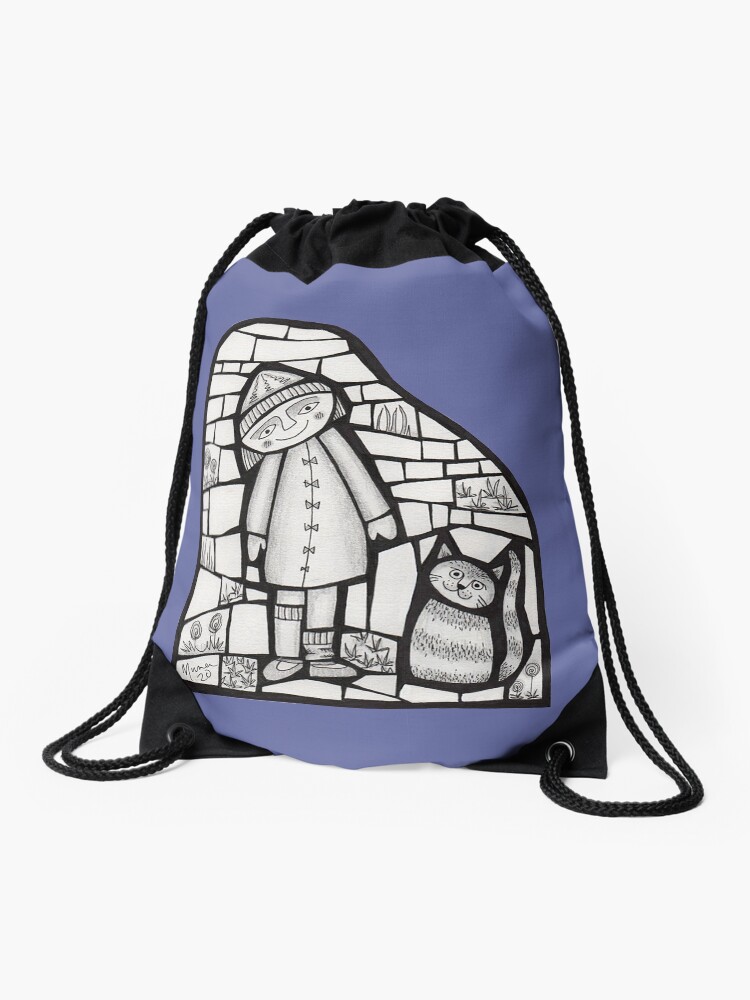Thumbnail 1 of 3, Drawstring Bag, Girl and her cat mosaic illustration designed and sold by MunaZuberi.