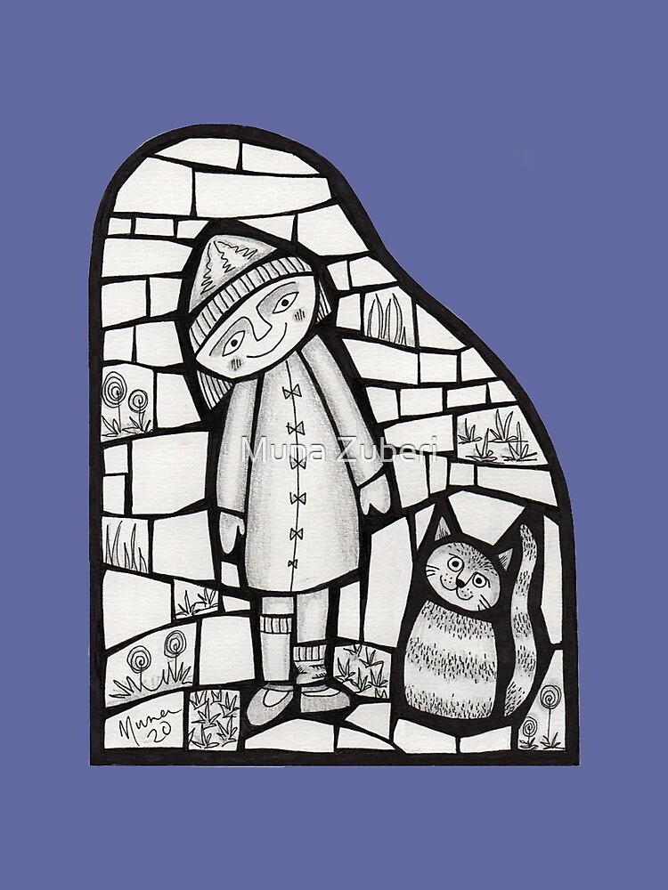 Thumbnail 3 of 3, Drawstring Bag, Girl and her cat mosaic illustration designed and sold by MunaZuberi.