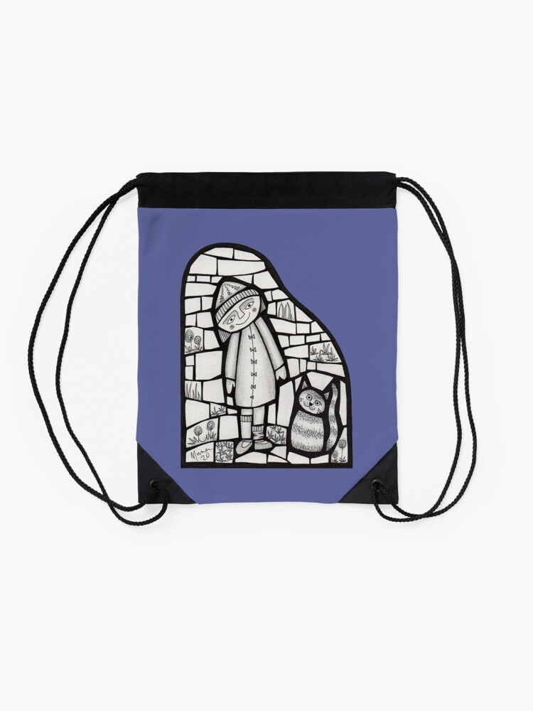 Thumbnail 2 of 3, Drawstring Bag, Girl and her cat mosaic illustration designed and sold by MunaZuberi.