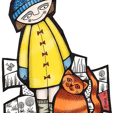 Artwork thumbnail, Girl and her cat (slim fit) colour mosaic illustration by Muna Zuberi