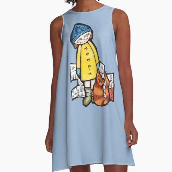 Girl and her cat (slim fit) colour mosaic illustration A-Line Dress