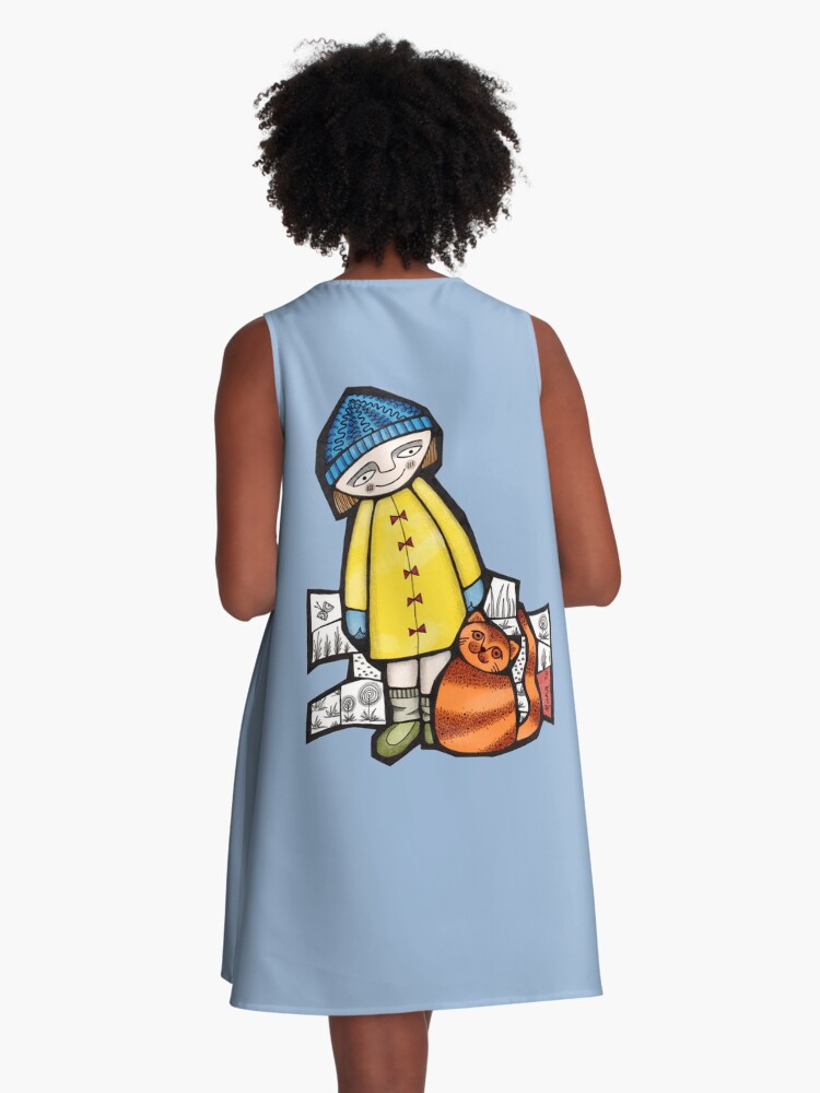 Thumbnail 3 of 4, A-Line Dress, Girl and her cat (slim fit) colour mosaic illustration designed and sold by MunaZuberi.