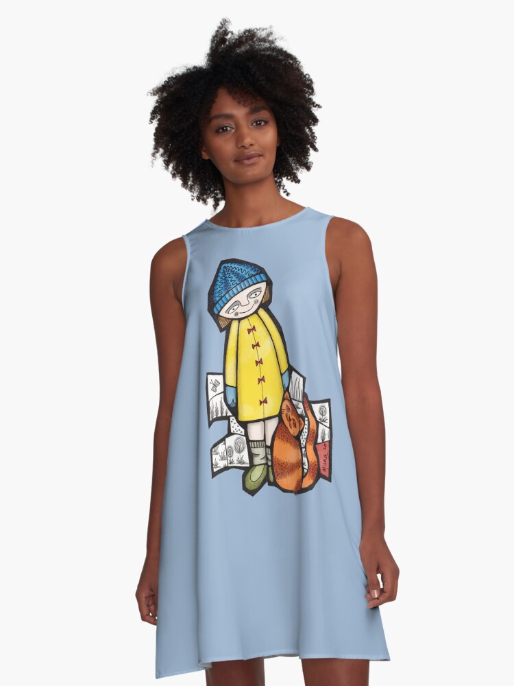 Thumbnail 1 of 4, A-Line Dress, Girl and her cat (slim fit) colour mosaic illustration designed and sold by MunaZuberi.