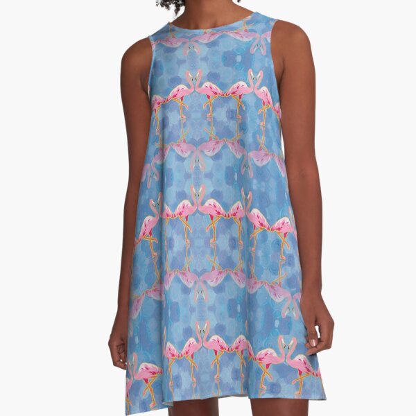 Flamingo on Blue A-Line Dress