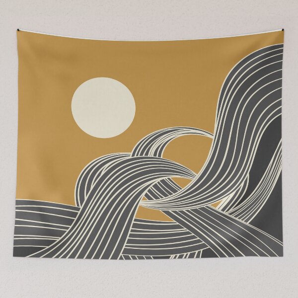 Item preview, Wave and Moon Art, Mustard Yellow and Gray, Geometric Art designed and sold by meggydesigns.