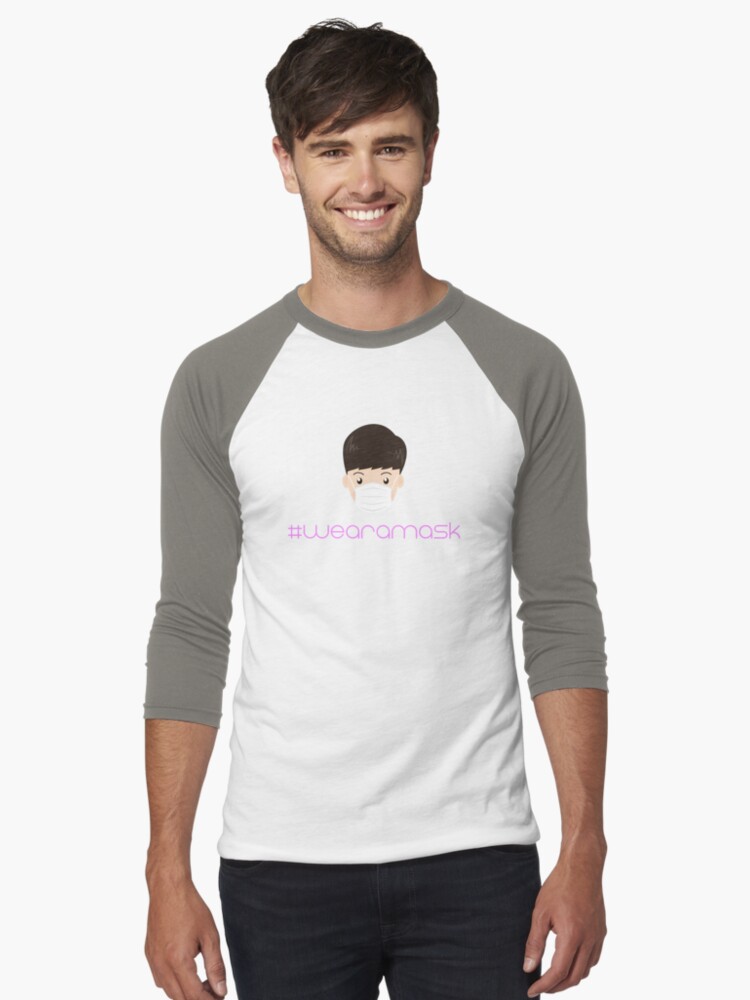 Thumbnail 1 of 3, Baseball ¾ Sleeve T-Shirt, Guy wearing a facemask with hashtag #wearamask designed and sold by NebularNerd.
