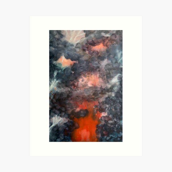 Aperçu de l'œuvre Peinture à l'aquarelle d'un nuage de cendres de foudre pyroclastique sur un volcan en éruption créée et vendue par LorettaLok.