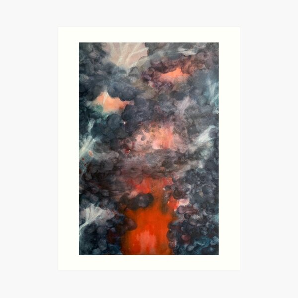 Watercolour painting of a pyroclastic lightning ash cloud over an erupting volcano Art Print