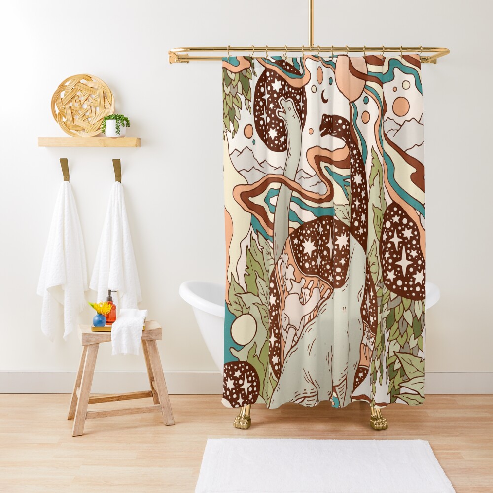 Jurassic Portal | Retro Rainbow Palette | Dinosaur Science Fiction Art Shower Curtain