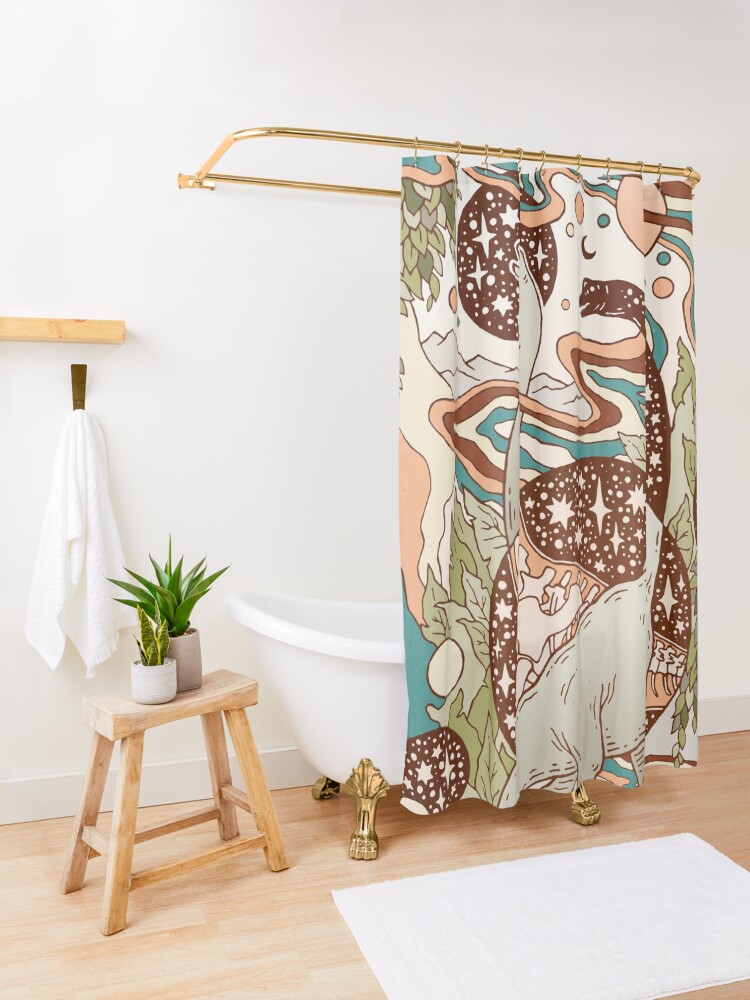 Alternate view of Jurassic Portal | Retro Rainbow Palette | Dinosaur Science Fiction Art Shower Curtain