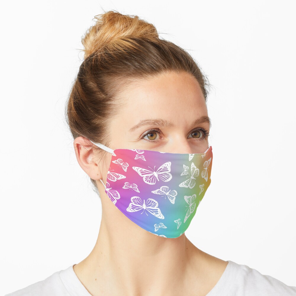 White Butterflies on Rainbow Colored Background Pattern Mask
