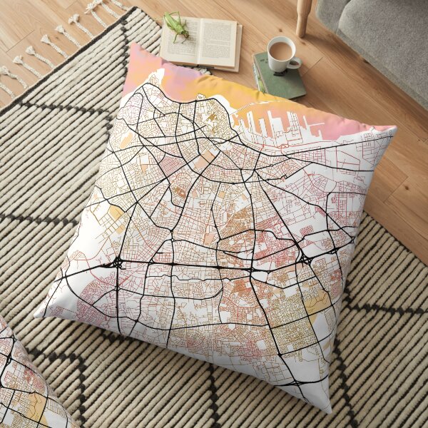 Casablanca Morocco Street Map Art Watercolor Color Floor Pillow