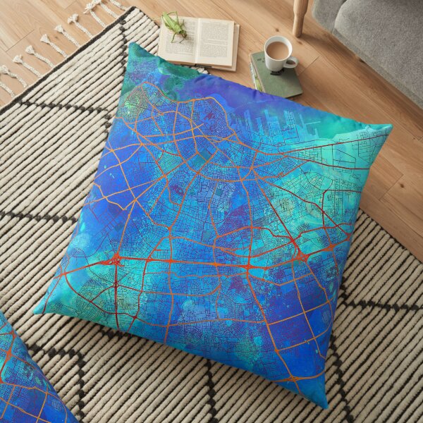Casablanca Morocco Street Map Art Watercolor Blue Lounge Floor Pillow