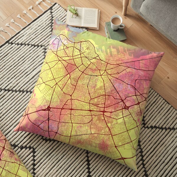 Casablanca Morocco Street Map Art Watercolor Yellow Pink Floor Pillow