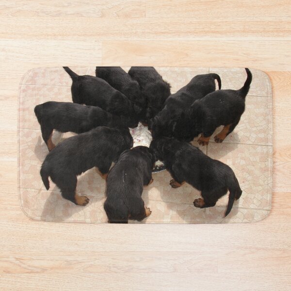 Item preview, Nine Rottweiler Puppies Eating From One Food Bowl designed and sold by taiche.