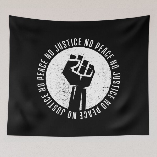 Item preview, No justice no peace black fist logo protest movement slogan anti racism & police brutality designed and sold by Teecha.
