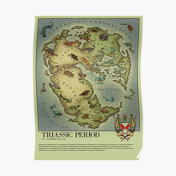 Mapa Periodo TRIÁSICO (bestiario medieval) estilo vintage. Pangea Póster
