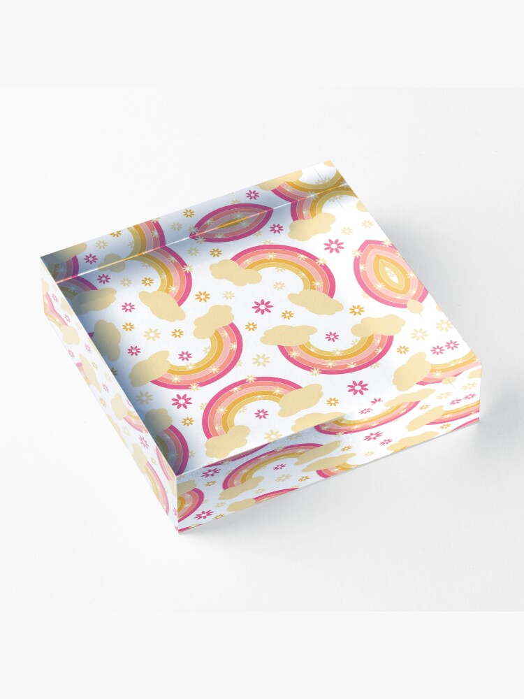 Alternate view of Pink rainbow with flowers Acrylic Block