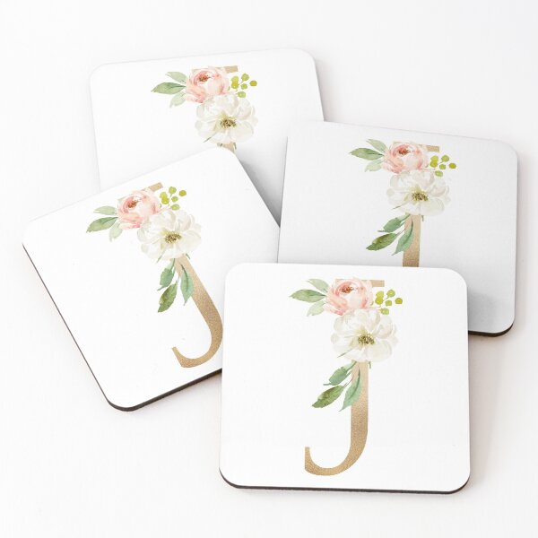 Item preview, Monogram letter J - Faux gold foil and pink and white flowers and green leaves designed and sold by Citronelladesig.