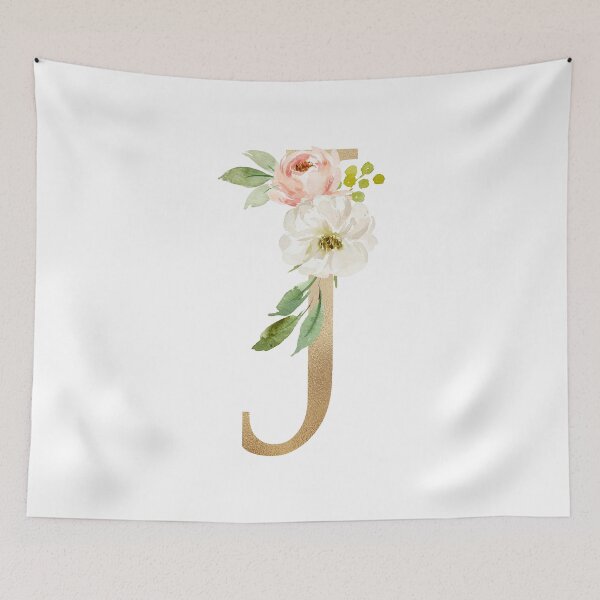 Artikelvorschau, Monogrammbuchstabe J - Kunstgoldfolie und rosa-weiße Blumen und grüne Blätter entworfen und verkauft von Citronelladesig.