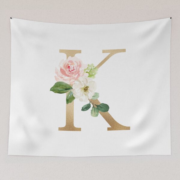 Artikelvorschau, Monogrammbuchstabe K - Kunstgoldfolie und rosa-weiße Blumen und grüne Blätter entworfen und verkauft von Citronelladesig.