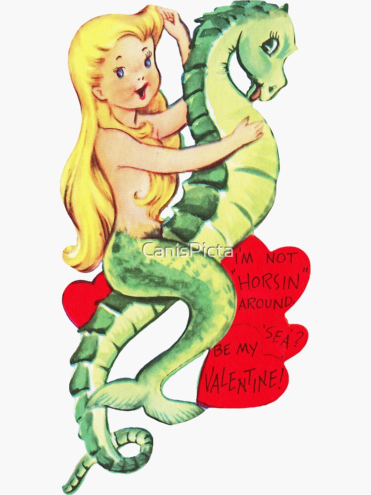 "Just Keep Swimming" in Teal - Vintage Retro Valentine's Day Card Mermaid Seahorse Siren Love Red Hearts Ocean Sea Water by CanisPicta