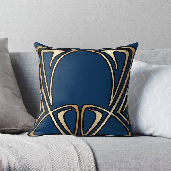 art nouveau, vintage, floral, belle époque, élégant, bleu, or, art déco, moderne, branché Coussin