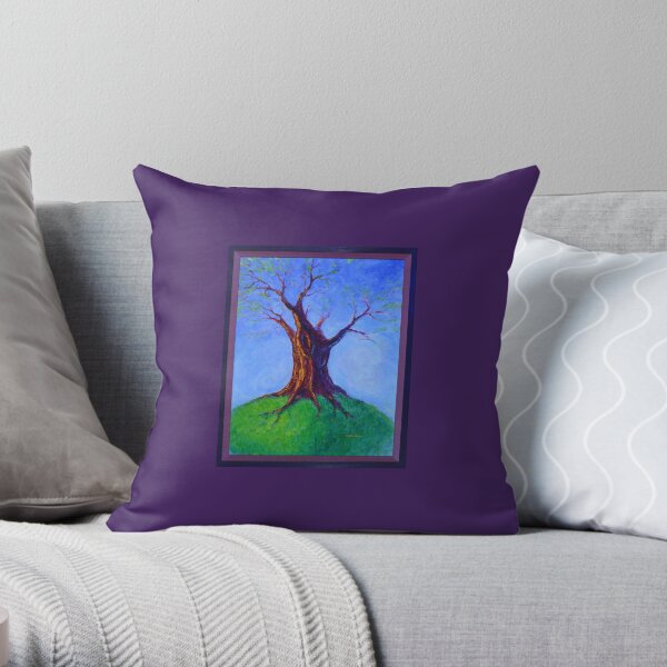 Seasoned Optimism tree on hill Throw Pillow