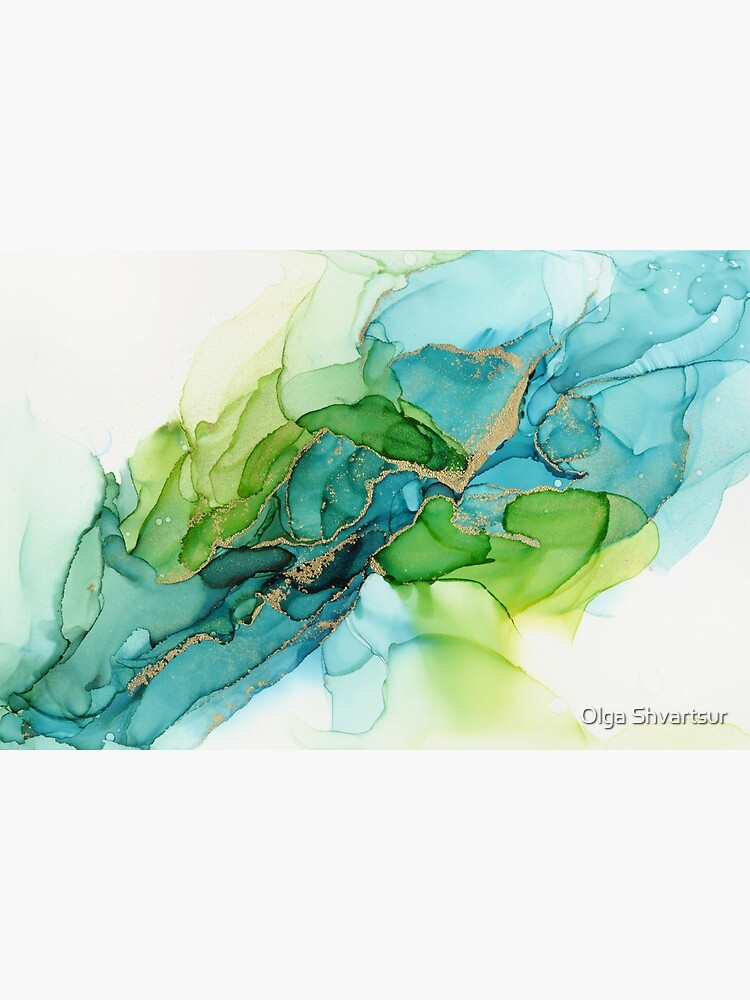 "Abstract Blue Green Gold Ink Painting" Photographic Print by olga