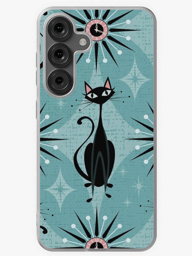 Thumbnail 1 of 4, Samsung Galaxy Phone Case, Mid Century Cat and Clocks - Blue designed and sold by studioxtine.