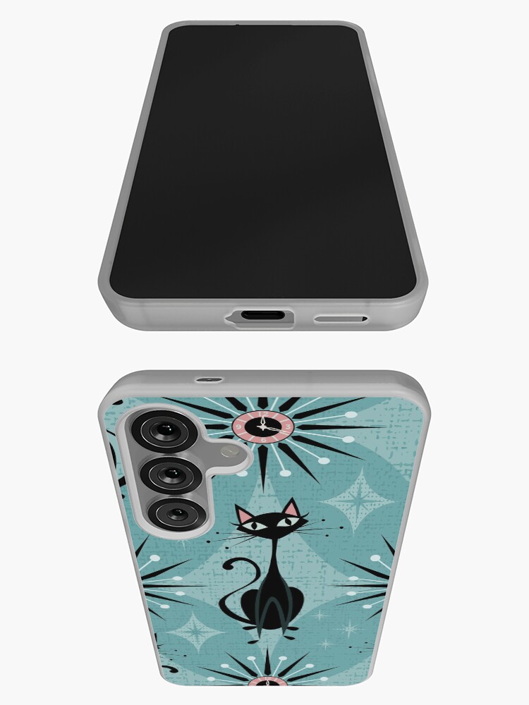 Thumbnail 3 of 4, Samsung Galaxy Phone Case, Mid Century Cat and Clocks - Blue designed and sold by studioxtine.